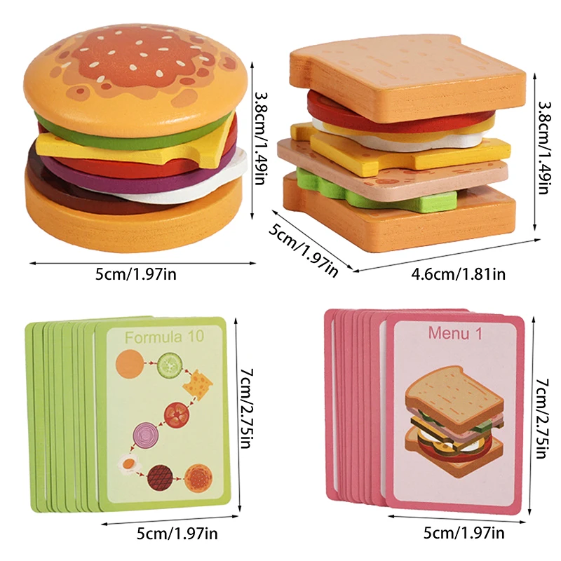 Wooden Hamburger Stacking Toy Montessori Pretend Kitchen Play Educational Toy For Toddlers Burger Sandwich Model DIY Puzzle Toy