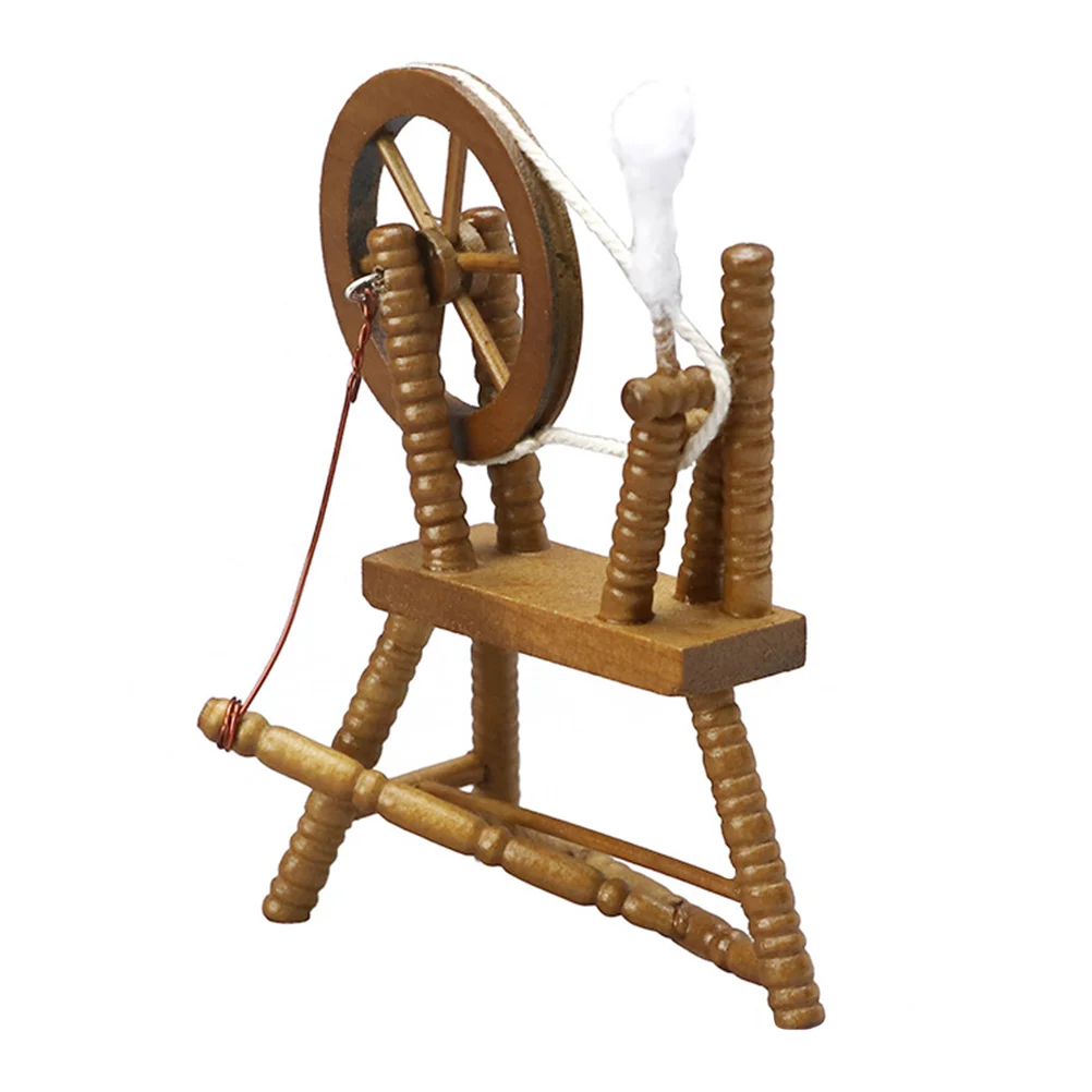 Vintage Spinning Wheel Small House Accessories Miniature Model Playhouse Furniture Child Toy Tiny