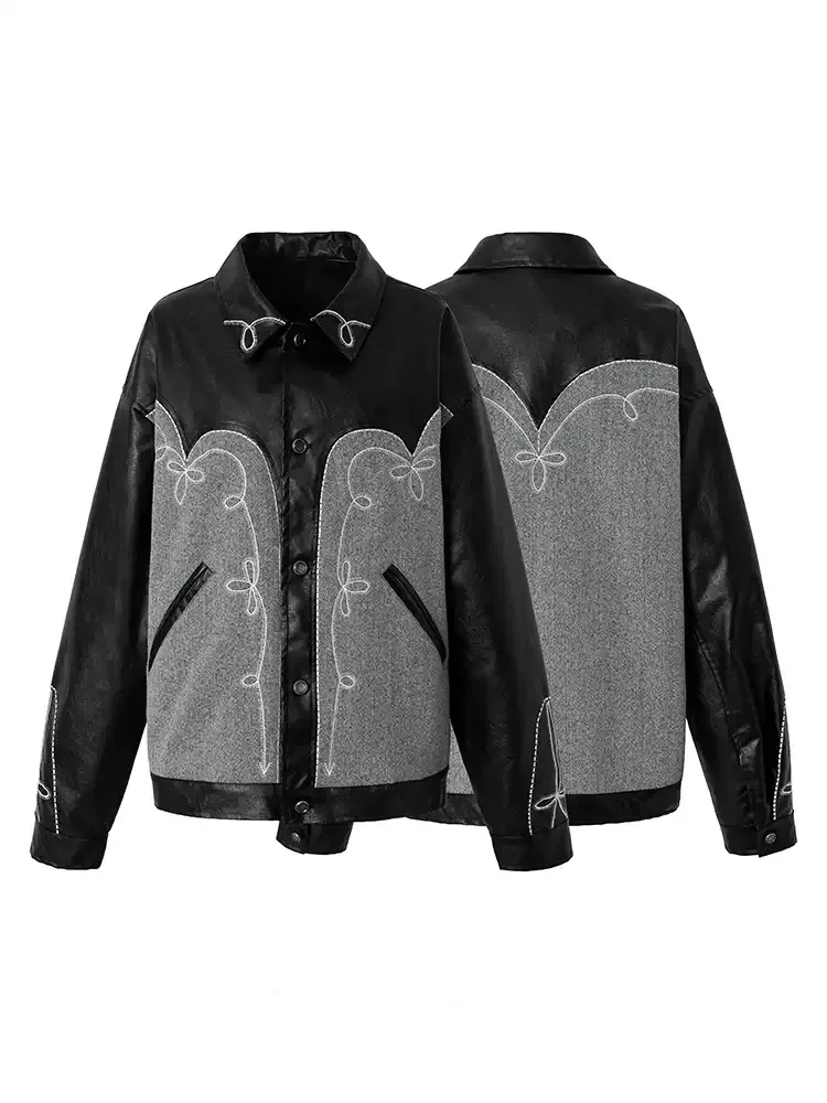 

Куртка унисекс в американском ретро-стиле из искусственной кожи с контрастными вставками, вышивкой, черно-серая, с отложным воротником