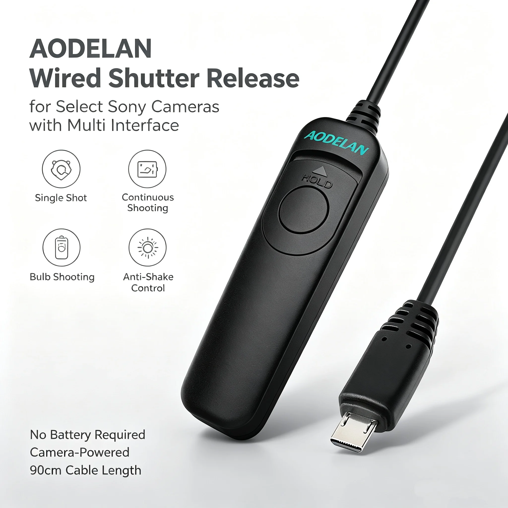 Image of AODELAN Kabelgebundenes Auslösekabel für Sony Multi-Terminal-Kameras, Einzel-/Bulb-Aufnahmen, Anti-Shake, 90 cm Kabel, keine Batterie erforderlich