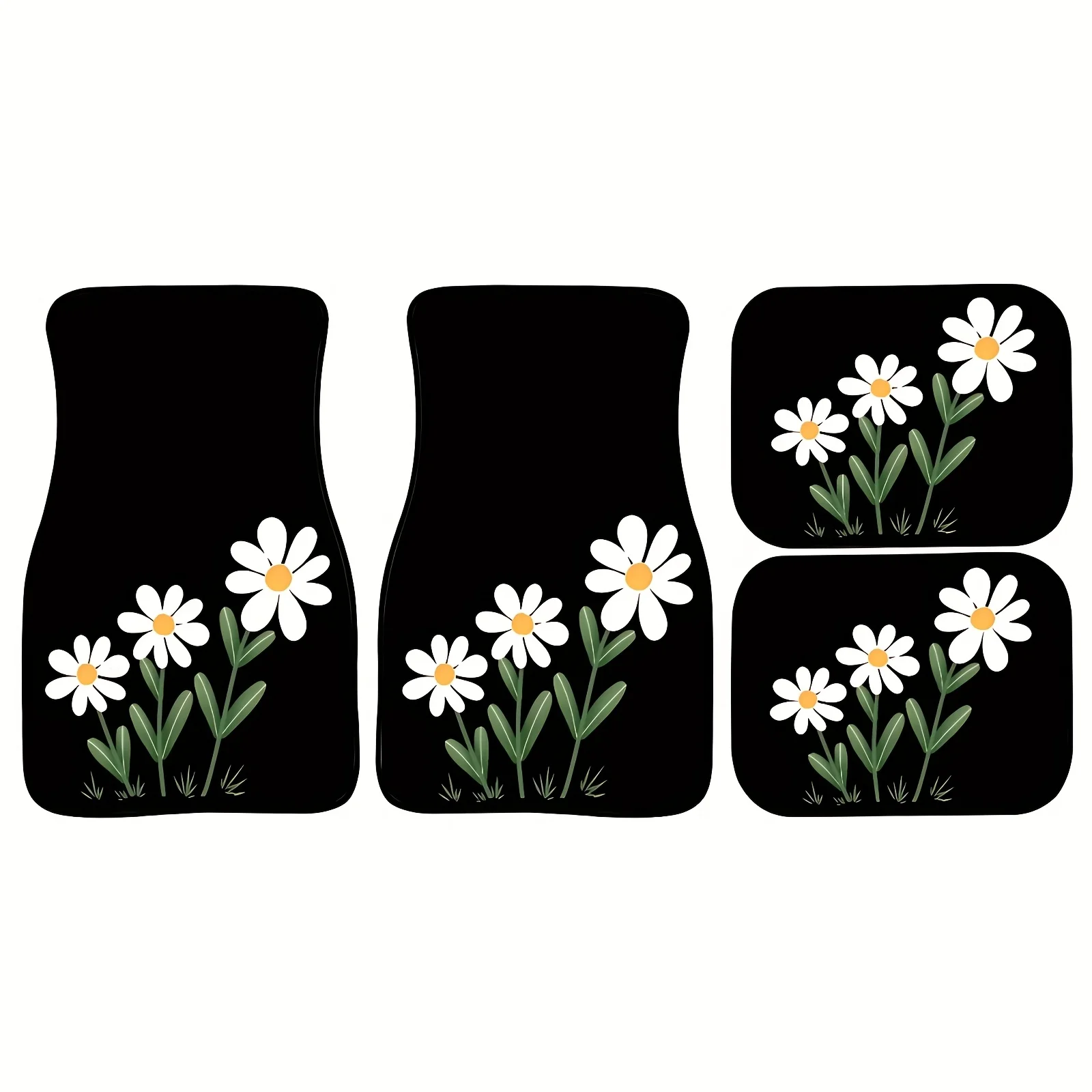 4pcs Set Of White Daisy Print Car Non-Slip Mats - Absorbent, Non-Slip, Durable, Easy To Clean, Easy To Install - Suitable For Se