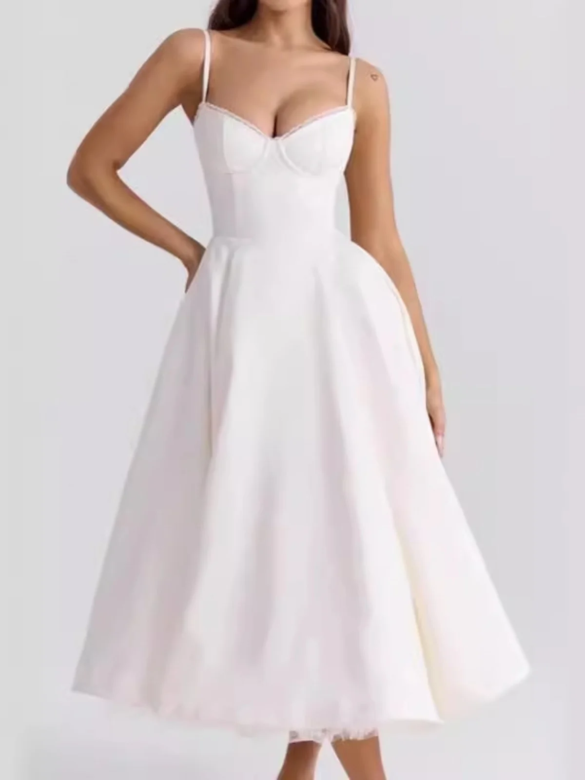 Vestido Sexy Slim de Renda com Alças Duplas Camadas Fresco e Doce Cintura Alta em Poliéster Longo Sem Mangas para Verão e Out...