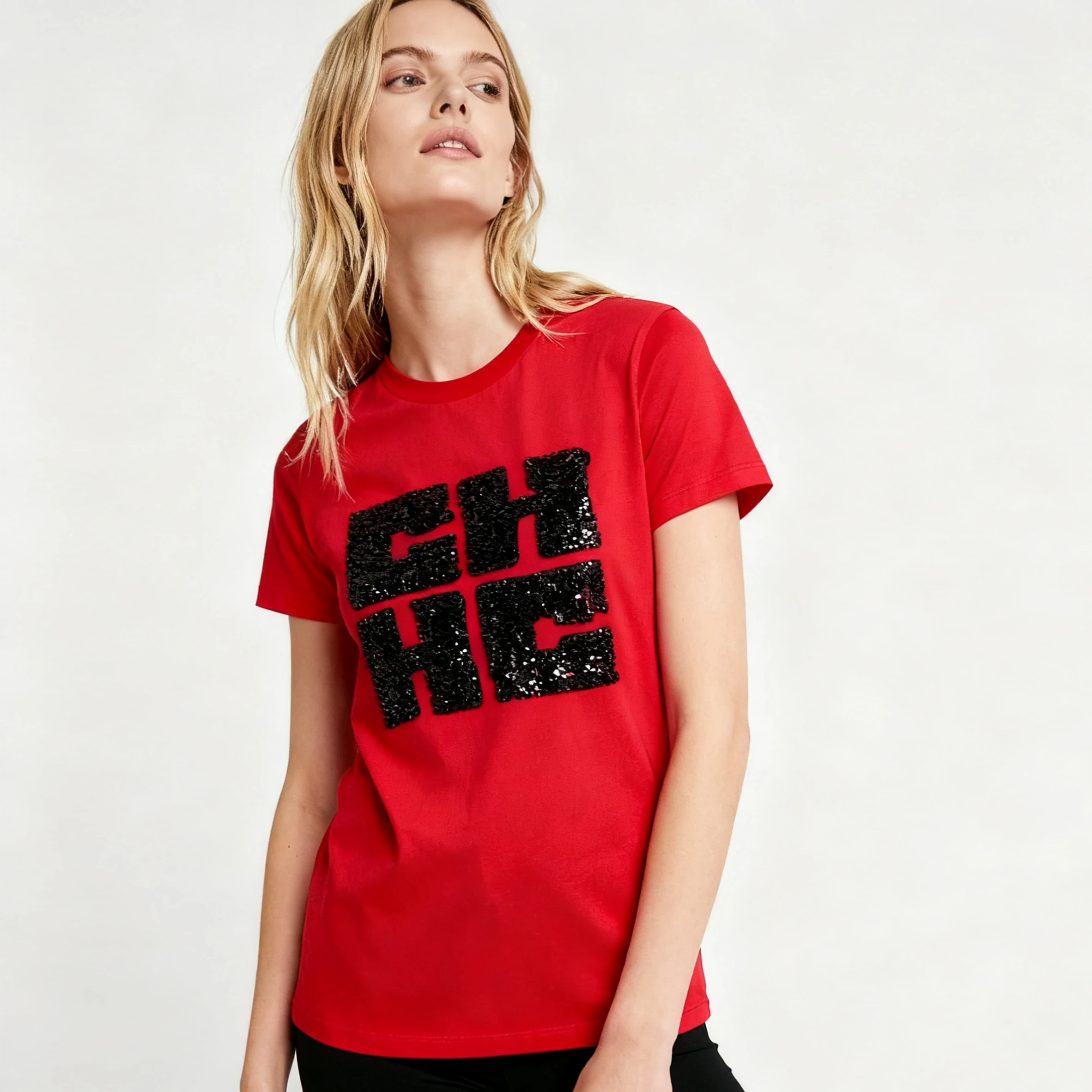 CHCH المرأة قصيرة الأكمام لؤلؤة التطريز تصميم عصري كلاسيكي أنثى قصيرة الأكمام مريحة عارضة السيدات قصيرة الأكمام