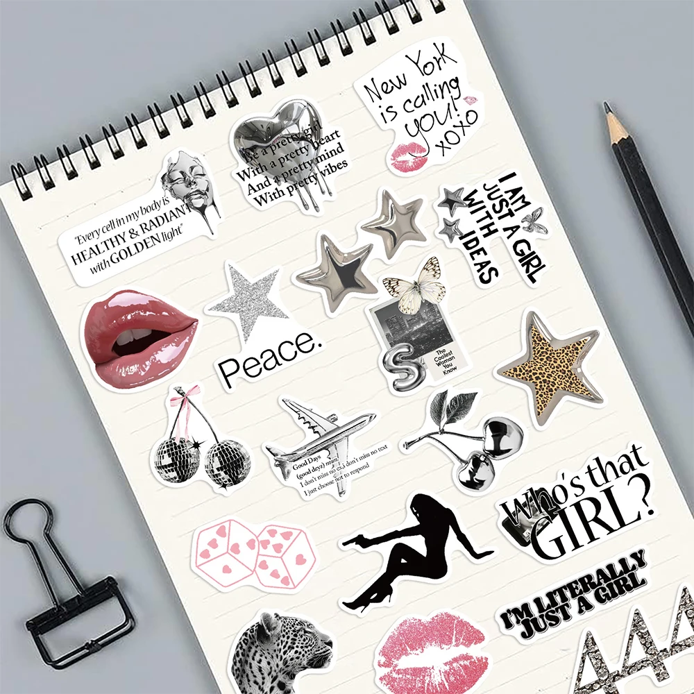 

10/30/50pcs Ins Style Silver Y2K Lucky Girl Stickers Retro Aesthetic Sticker Water Bottle Phone Laptop Graffiti Decals Wholesale
