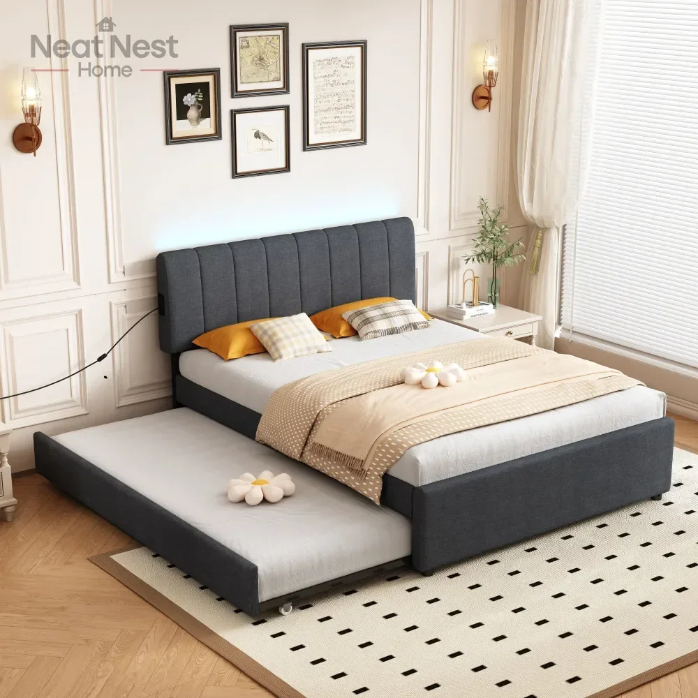 

Full Size Upholstered Platform Bed with Twin Size Trundle and 1 sets of USB,with Remote control Intelligence LED Lights with APP
