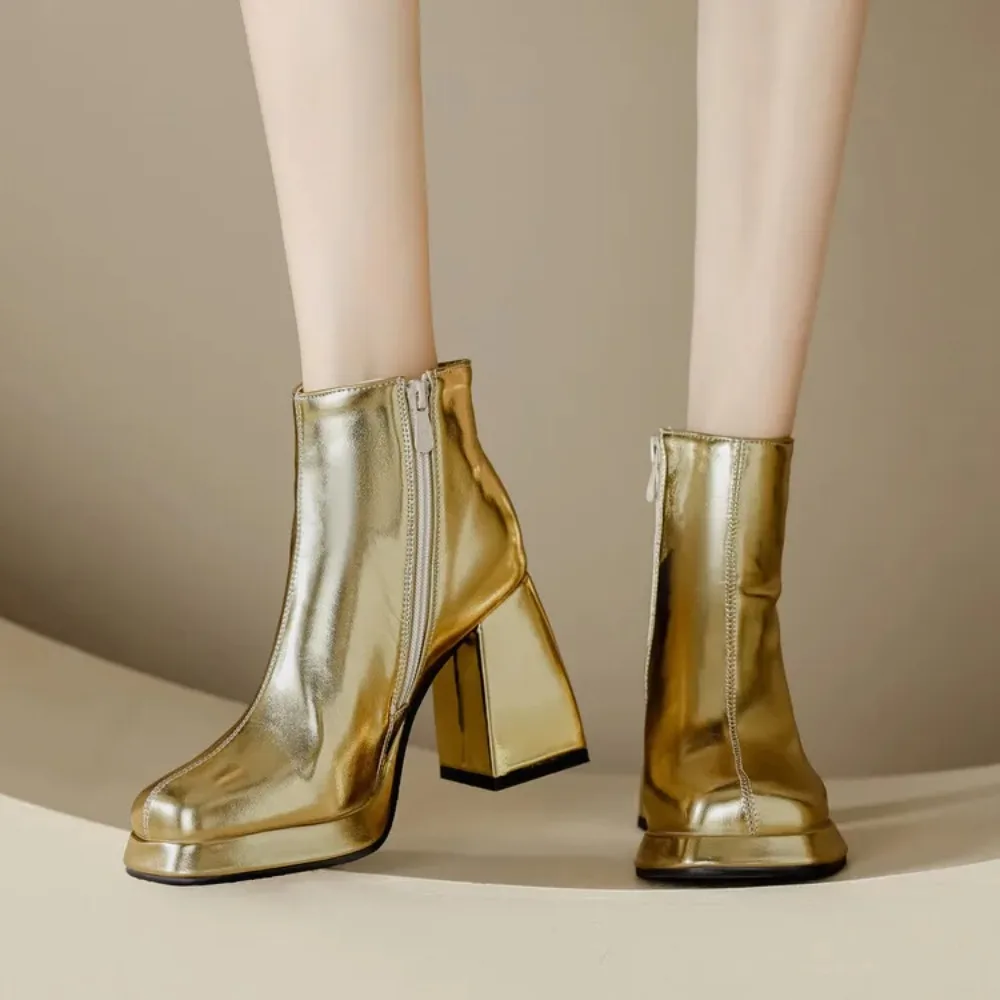 Autumn and Winter New Styles Fashion High Heels Women's Boots Golden Silvery Sexy Party Square Head Square Heel Women Boots