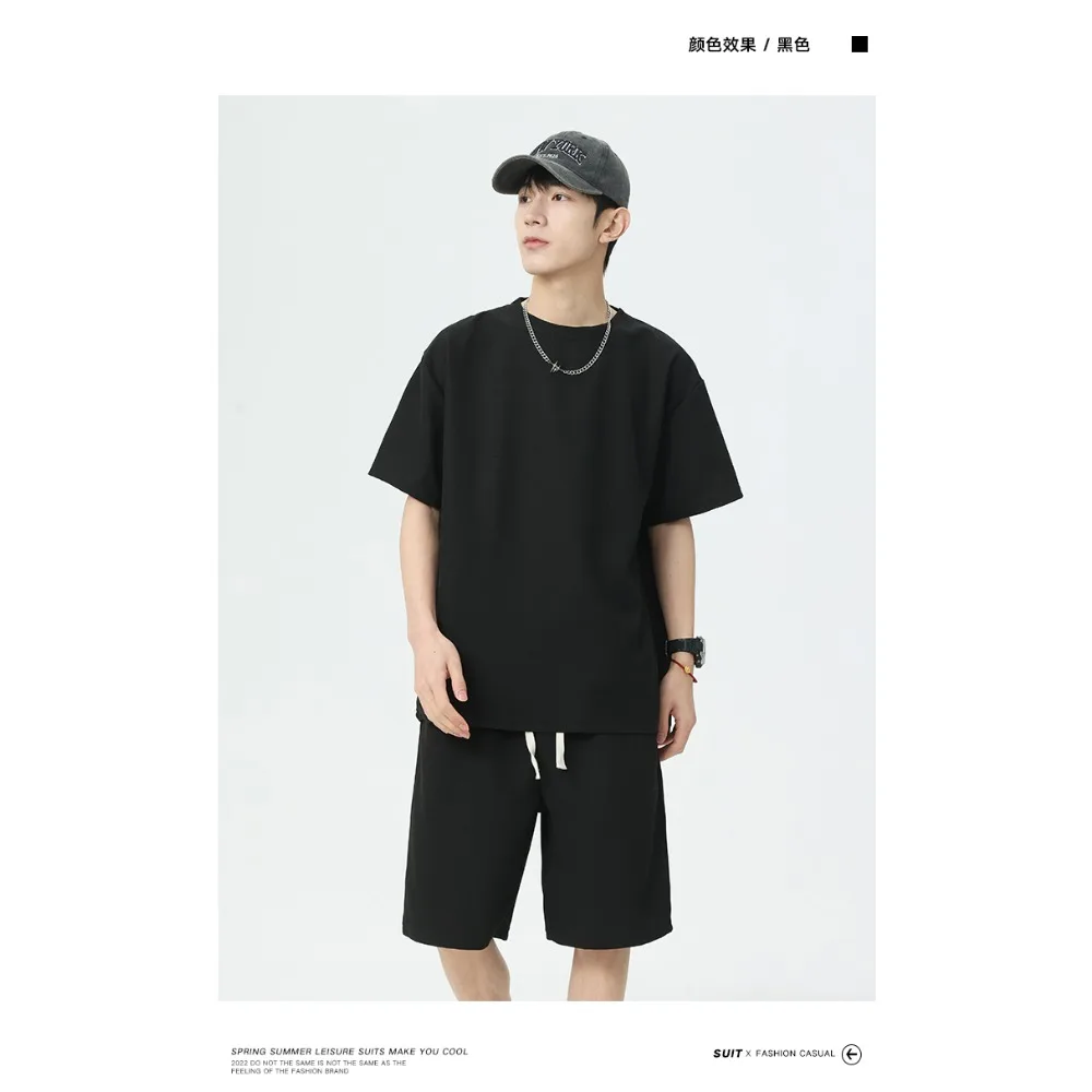 

Summer American Style Pure Cotton Short Sleeved Five Quarter Shorts Men's and Women's European and American Loose Sports Suit