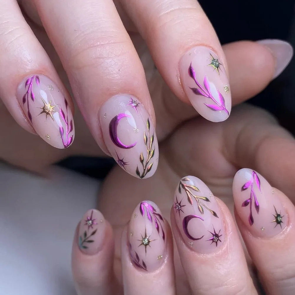 

24 шт., мечтательная лунная лоза, короткие миндалевидные овальные ногти с тиснением в виде леса, сердца любви, дизайн ногтей, крутой стиль, фэнтезийные накладные ногти