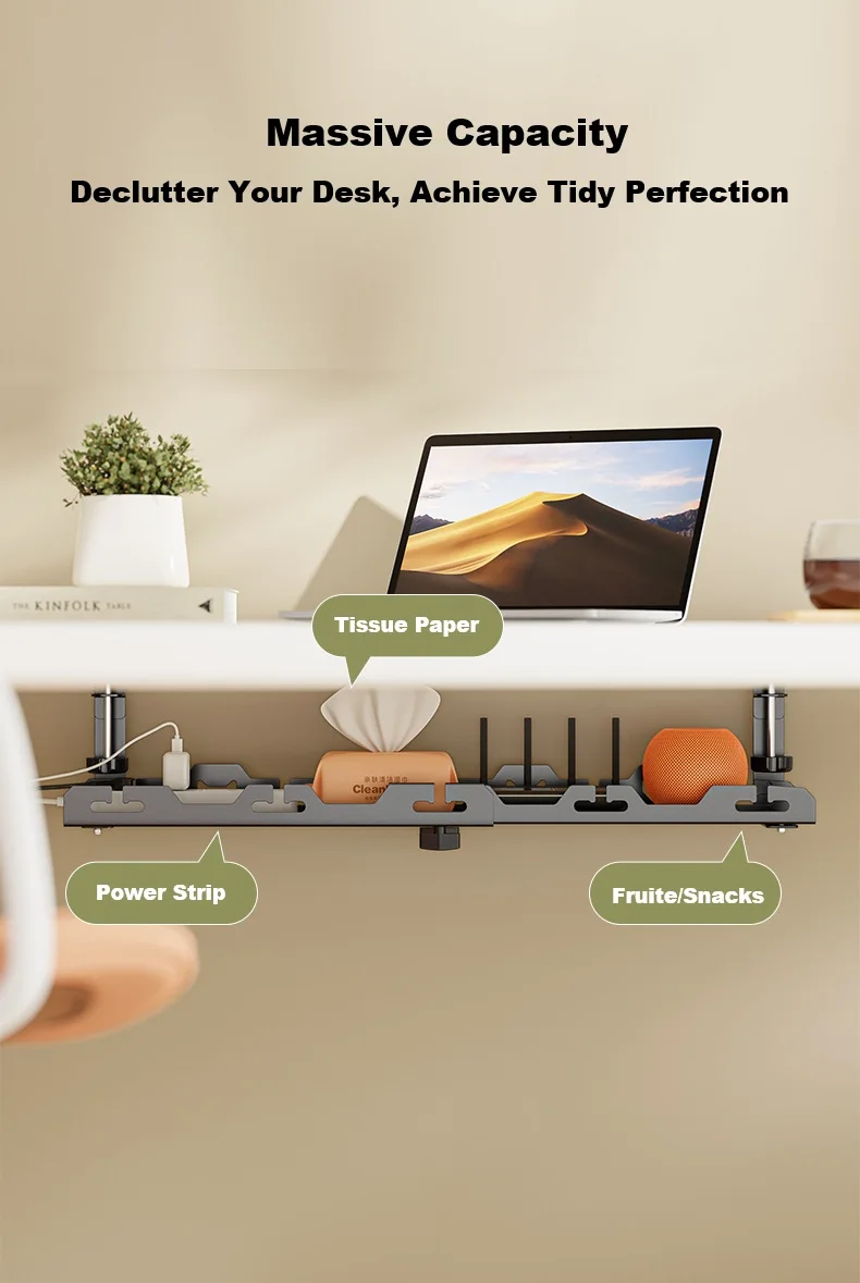 ไม่มีเจาะภายใต้โต๊ะการจัดการสายเคเบิลถาด Retractable 40-73 ซม.Hidden Power Strip Organizer ประหยัดพื้นที่ภายใต้ตารางผู้ถือสาย