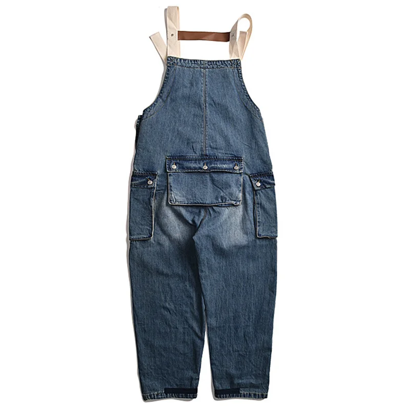 Amekaji Garment Washed Vintage Blue Men Denim Overalls Big Hip Pocket Cargo Bib Jeans With Suspenders Loose