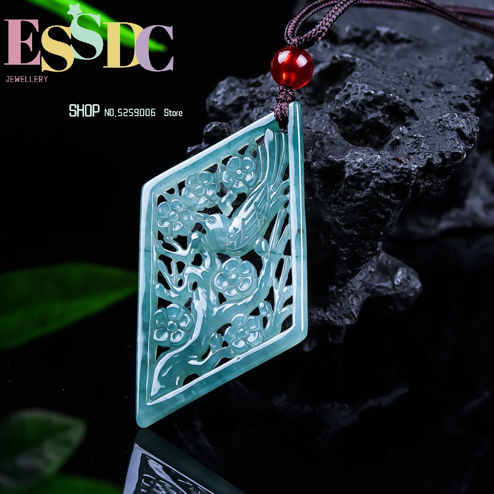 Natural Jadeite Blue Water Emerald Magpie Plum Blossom Pendant Necklace Exquisite Carved Charm Jewelry Fashion Amulet Gift Women