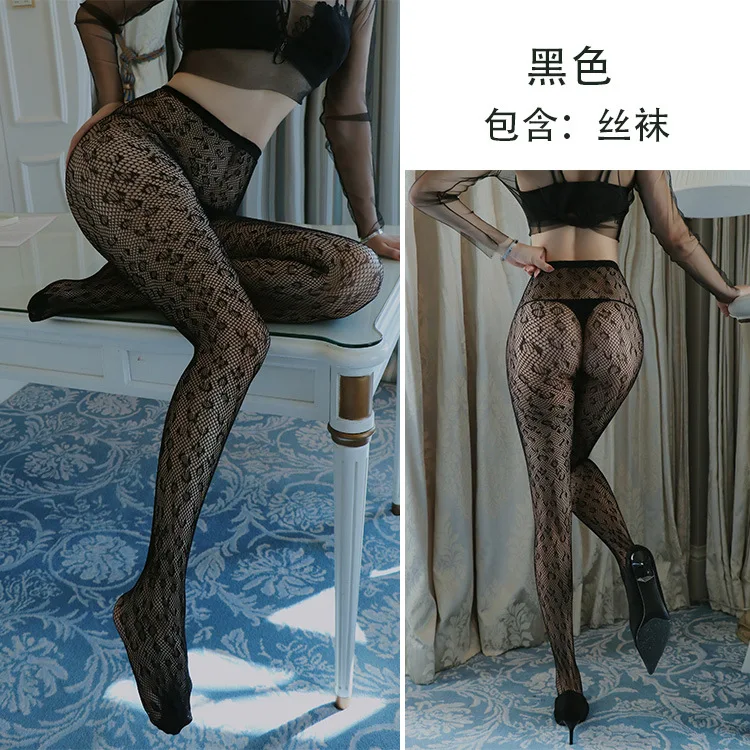 

Long Night Sexy Lingerie Retro Jacquard Pantyhose Feminine Slimming Hollow Mesh Stockings Black Base Layer 5077