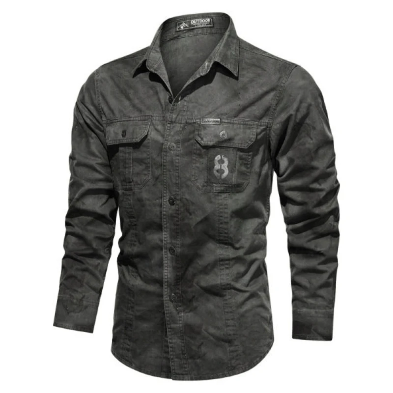 Spring 2023 Men\'s Long Sleeved Tactical Shirt Solid Color Casual Military Standing Collar Breathable Camping Fishing Shirts