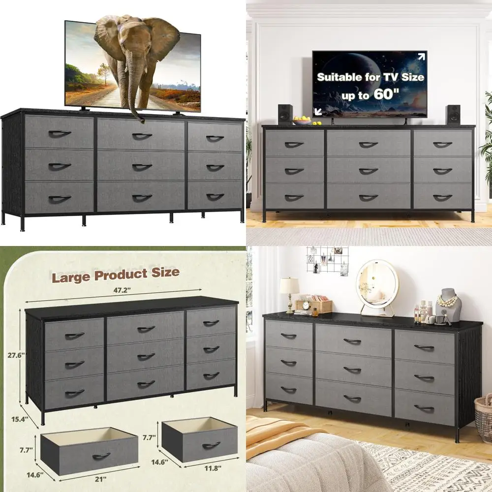 

Тканевый комод для спальни с 9 ящиками, подставкой для телевизора и развлекательным центром для 60-дюймового телевизора, длинный комод с прочным металлическим каркасом