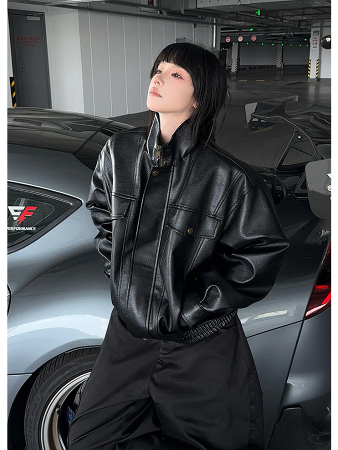 

Retro American Bla Leather Jaet Men's ort Motorcycle Sle Stand Collar Autumn Faion Loose Fit Ball Game Workwear