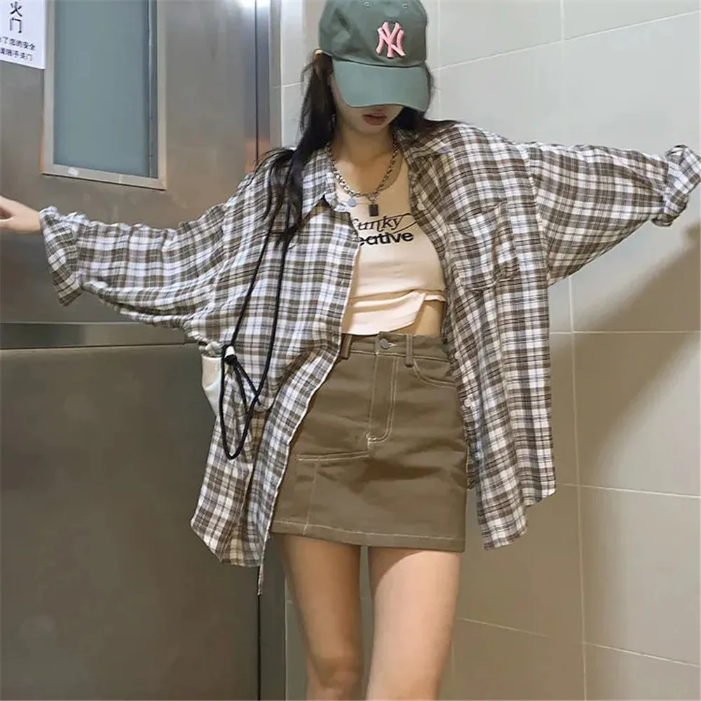 Plaid Shirts Women Long Sleeve Cardigan Vintage Top Black Checked Shirt Cute Button Up Oversize 2022 Korean Loose Fashion Blouse