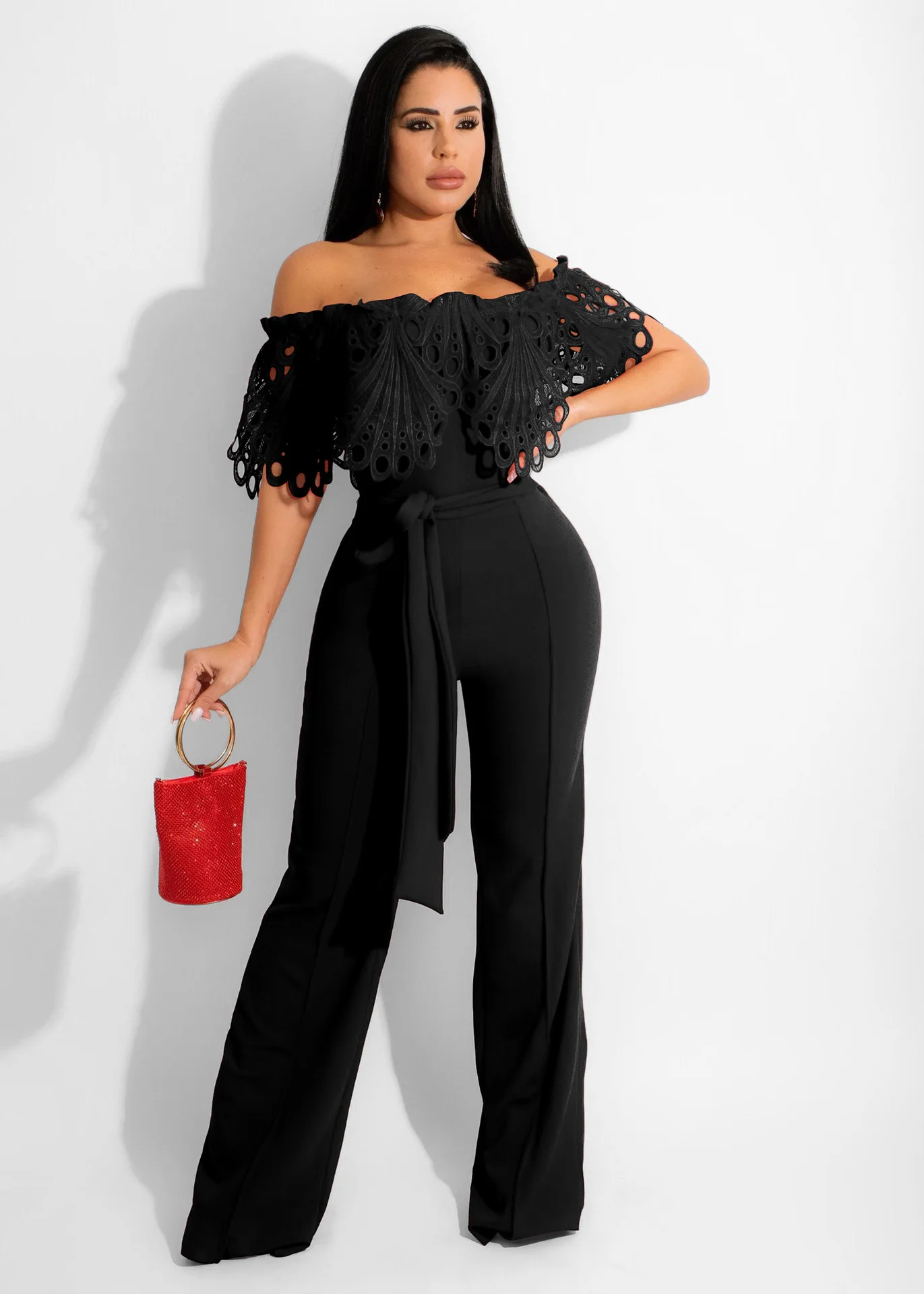 Mono de retales para mujer, mono informal Sexy con hombros descubiertos y cuello oblicuo, mono negro de manga larga para mujer, pantalones anchos ajustados elegantes, ropa de calle