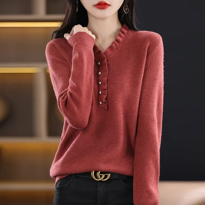 2024 Women New V Neck Sweaters Korean Fashion Autumn Winter Plus Size Simple Knitted Jumpers Female Clothes Casual Pullovers 3XL