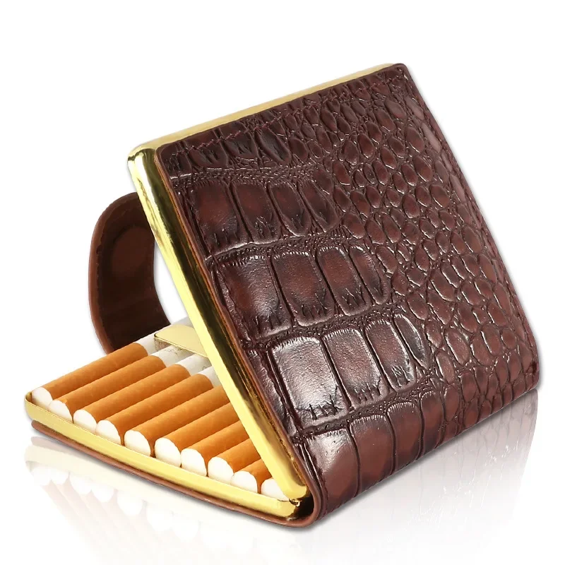 

10 Cigarettes Crocodile Pattern Cigarette Case Brass Genuine Leather Black Metal Double-Sided Holder Thick &Slim Cigarette