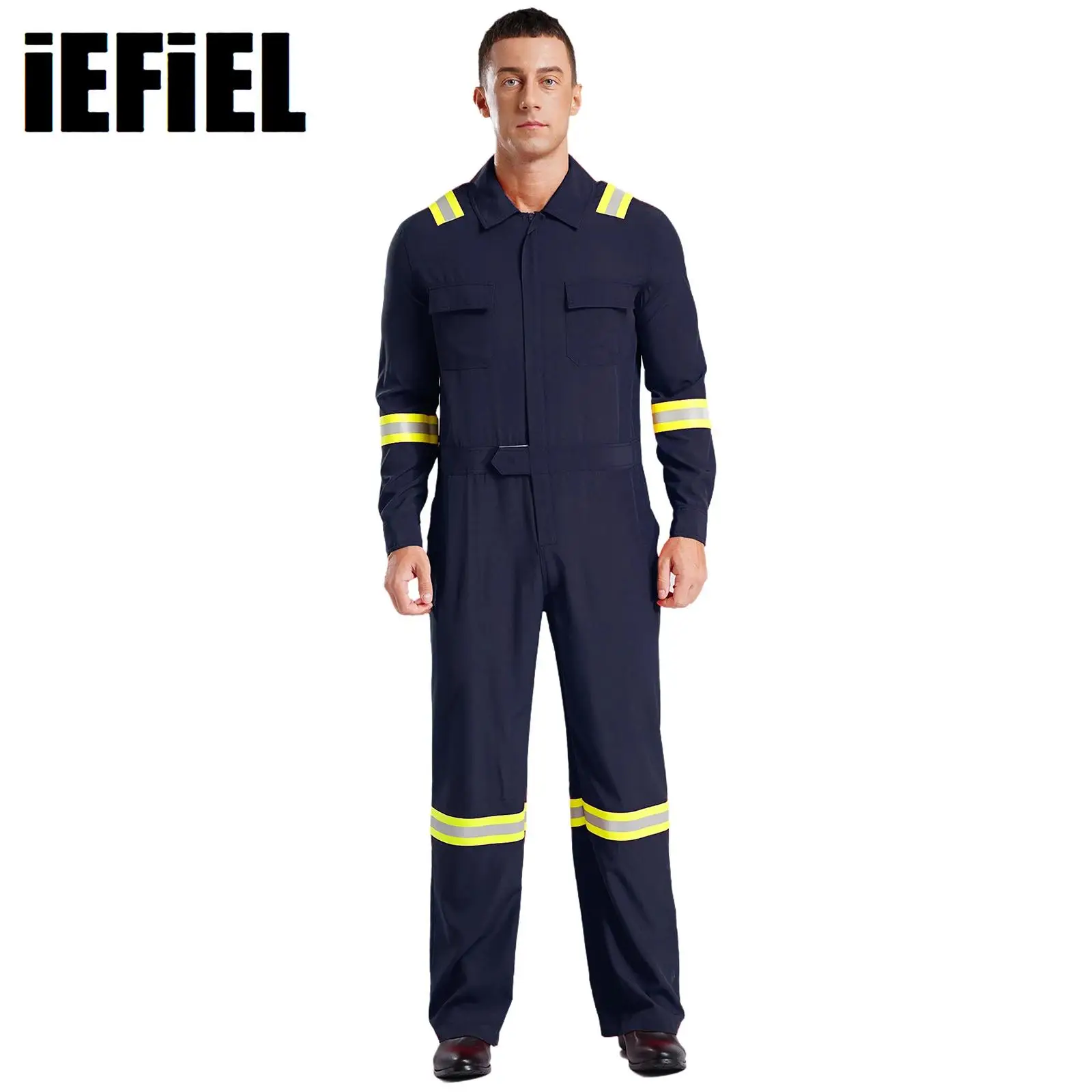 

Mens Coveralls Work Clothes Reflective Stripes Coveralls High Visibility Turn-Down Collar Long Sleeve Zipper Jumpsuits