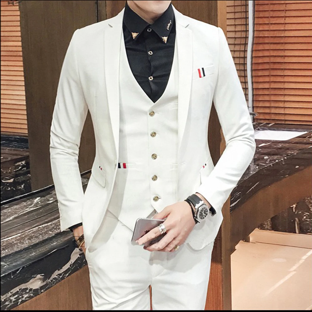 

New White Men's Suit Notched Lapel Slim Fit Tuxedos Groom Wear Tailor Made Terno 3 Pieces (Blazer+Pants+Vest) Costume Homme