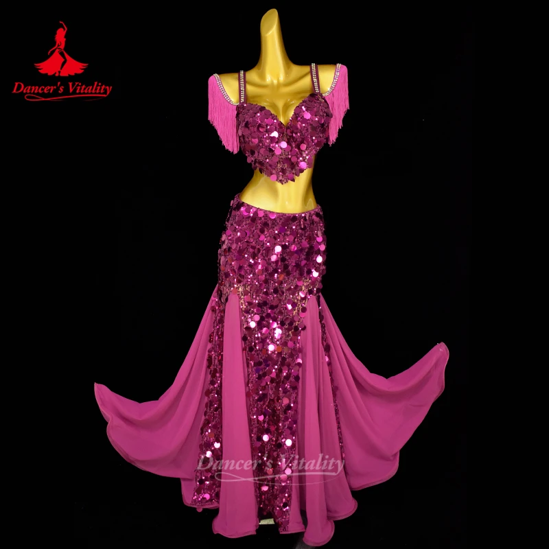 بدلة أداء الرقص الشرقي للنساء حمالة صدر كبيرة ترتر + تنورة طويلة قطعتين ملابس منافسة احترافية للرقص الشرقي