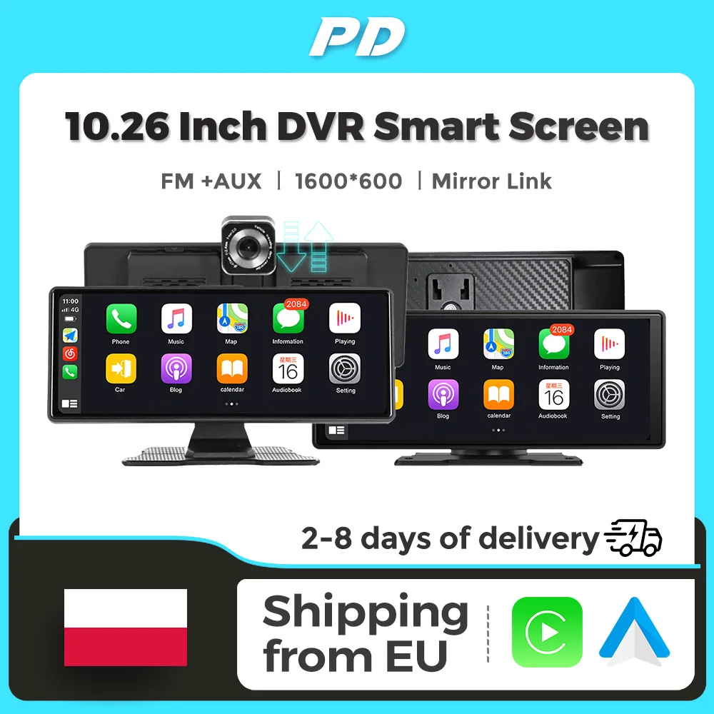 Moniteur de voiture portable de 10,26 pouces avec DVR intégré, 1280*720P, CarPlay sans fil, Android Auto, Mirror Link, écran tactile 1600*600, émetteur FM BT, sortie audio AUX, support universel pour tableau de bord, lecteur de navigation multimédia pour voiture, pour tous les véhicules, écran intelligent pour voiture