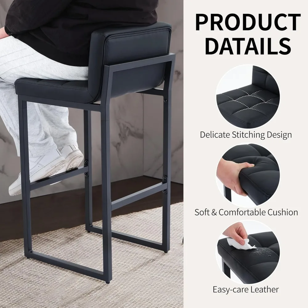 Set of 3 Counter Height Bar Stools, Upholstered Faux Leather with Low Back, Thickened Metal Legs, Modern Design