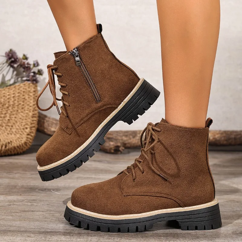 Womens Fashion Chunky Ankle Boots 2025 Comfortable Thick-soled Suede Leather Snow Boot Side-Zip Round Toe Short Boots Size 36-43