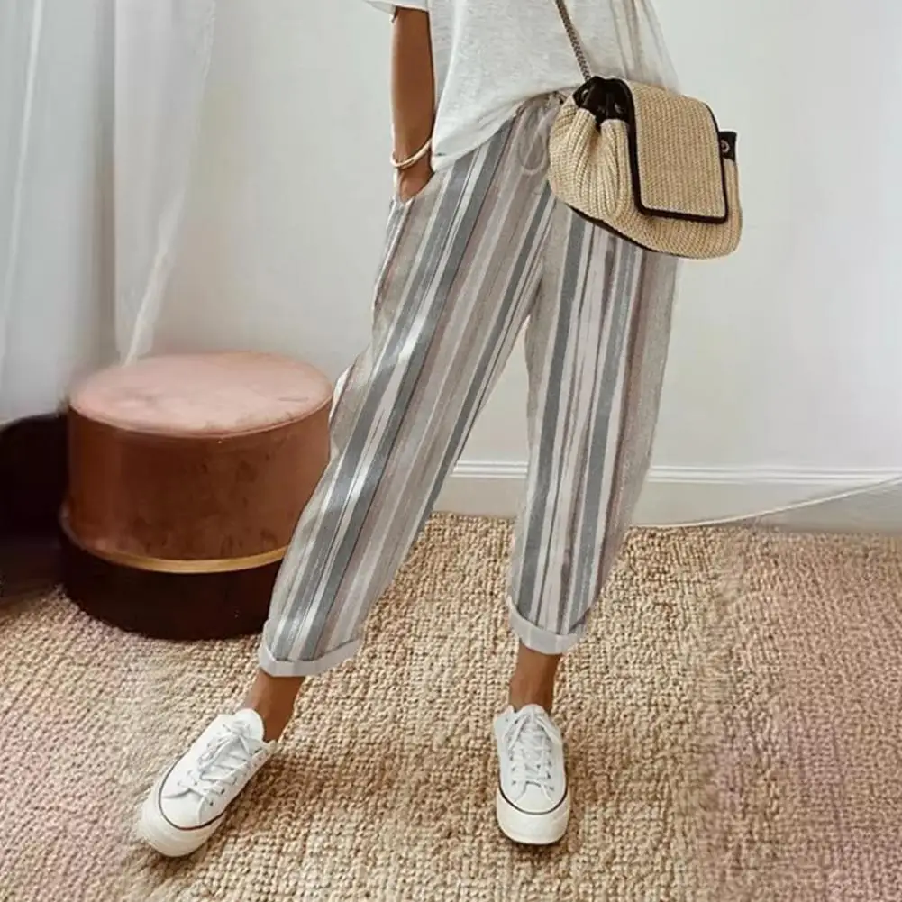 

Women's Stripe Print Pants Loose Fit Long Pants Elastic Waist Adjustable Drawstring Leisure Trousers Streetwear Pantalones