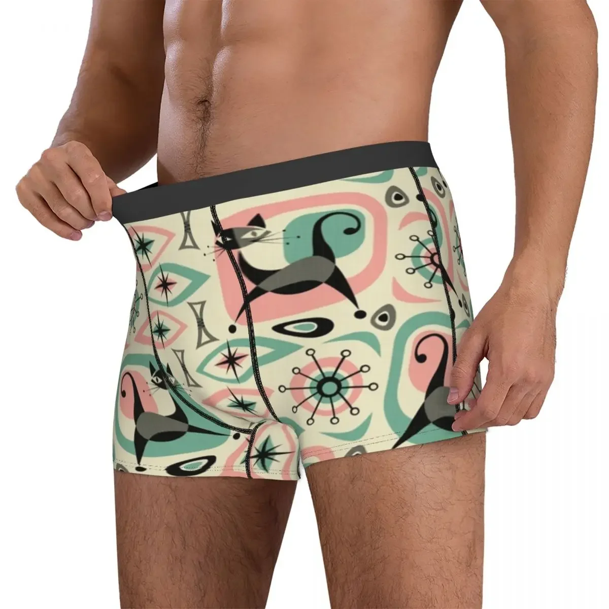 Calzoncillos bóxer para hombre, ropa interior transpirable, bragas abstractas de gato de mediados de siglo, regalo para novio