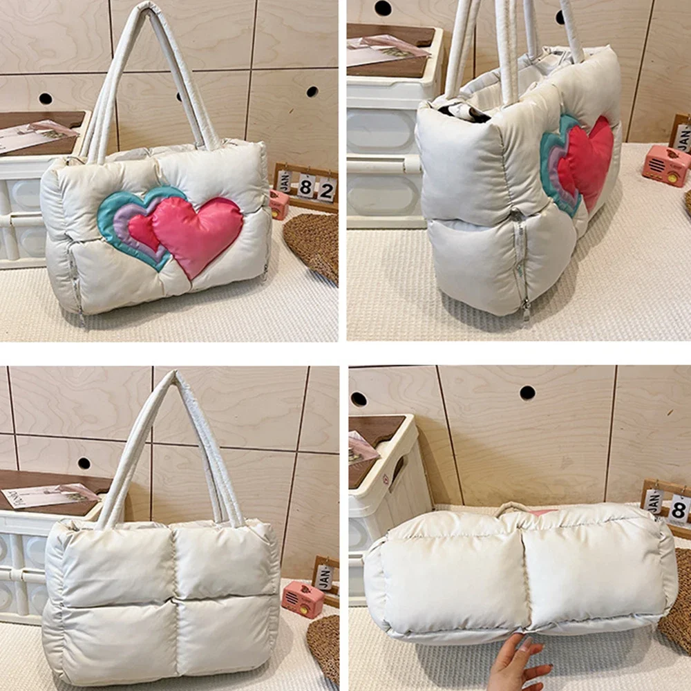 Puffy Candy Hearts Tote Bag Large Capacity Space Cotton Bags for Women Shoulder Bag Nylon Quilted Handbag Designer Shopper Purse