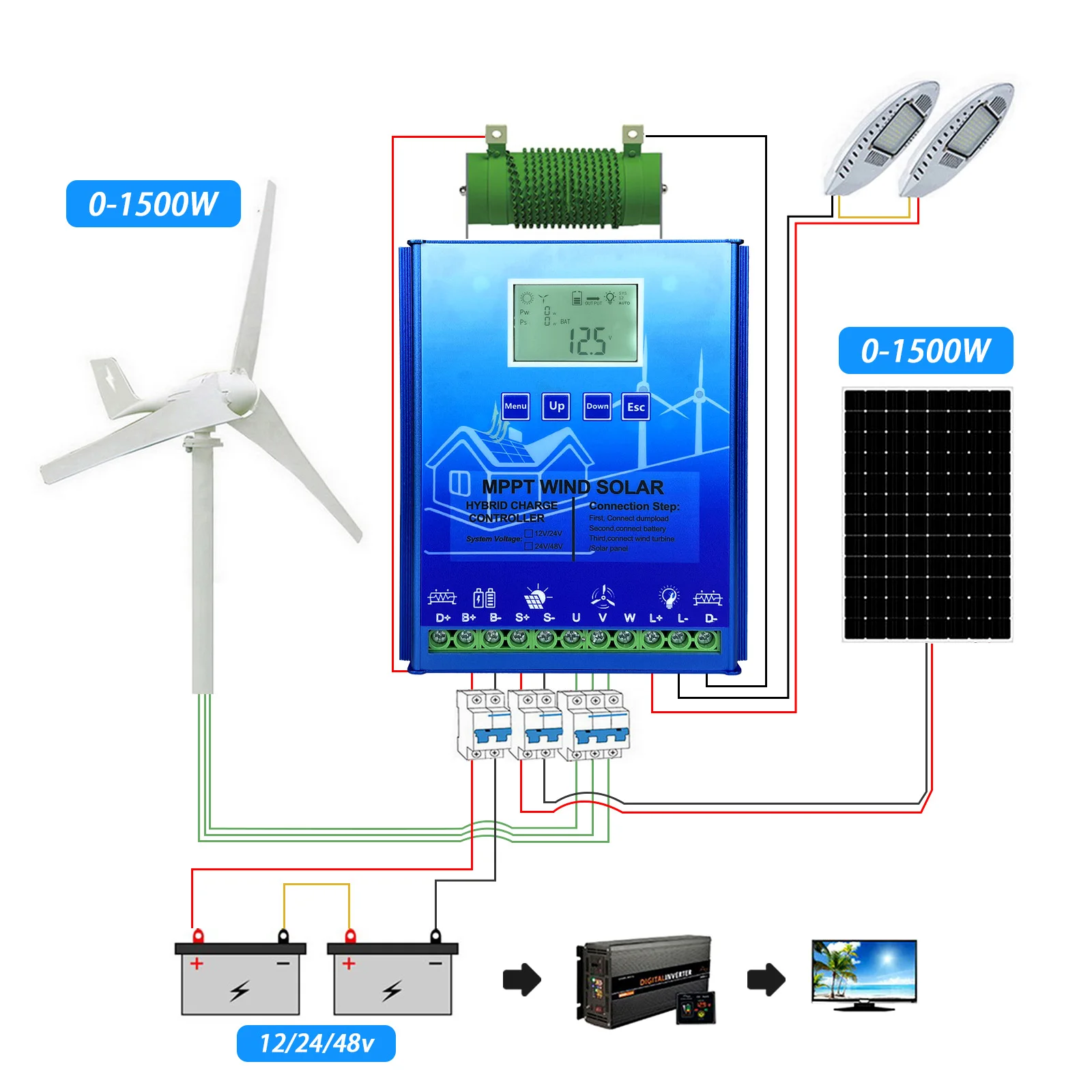 Imagem -02 - Controlador de Carga Solar Híbrido Mppt Vento Turbina Eólica Regulador do Painel Solar Wi-fi 12v 24v 48v 2000w 3000w