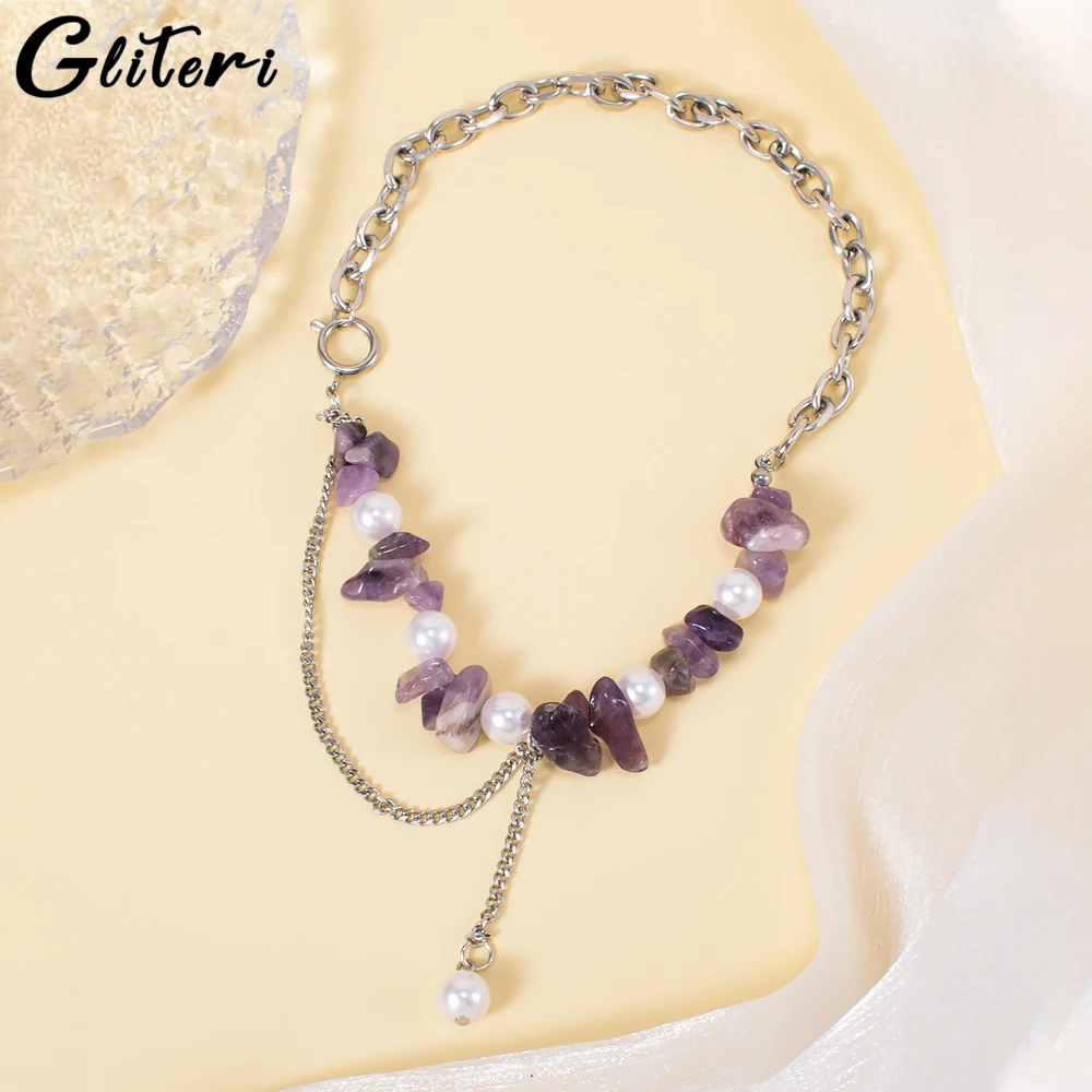 GEITERI Hip Hop Titanium Steel Pearl Stone Tassel Necklaces For Women Girls Natural Purple Crystal Pendant Necklace Jewelry 2023