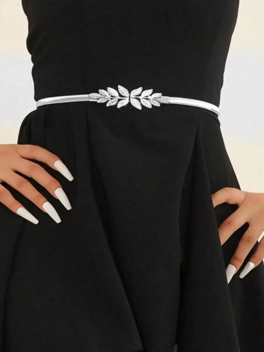 Ellevyn 1pc Women Silver Leaf Decor Elastic Waist Chain Belt, Elegant Versatile Accessory To Match Dresses, Skirts, Jackets For view 5