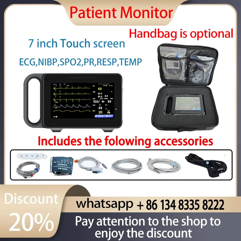 Pantalla de 7 pulgadas para recién nacido, adulto/Veta, monitor portátil de 6 parámetros, ECG/NIBP/PR/SPO2/RESP/TEMP, monitor de paciente, monitor de signos vitales
