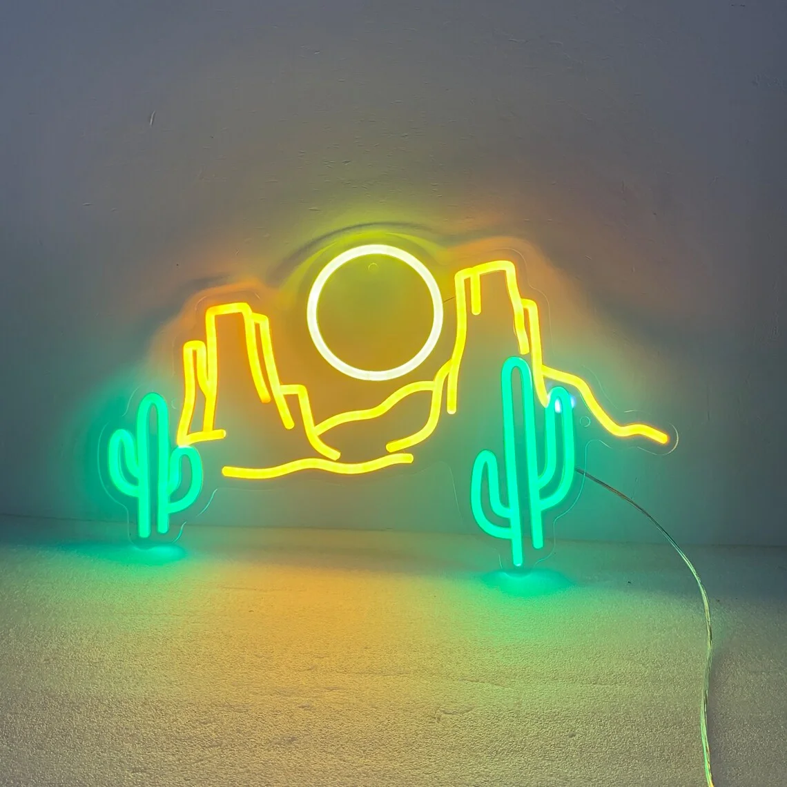 Desert Cactus  Neon Sign Wall Art Aesthetic Room Decor Western Sunset Scene Bar Sign Mountain Kids Teens Bedroom Night Club Sign