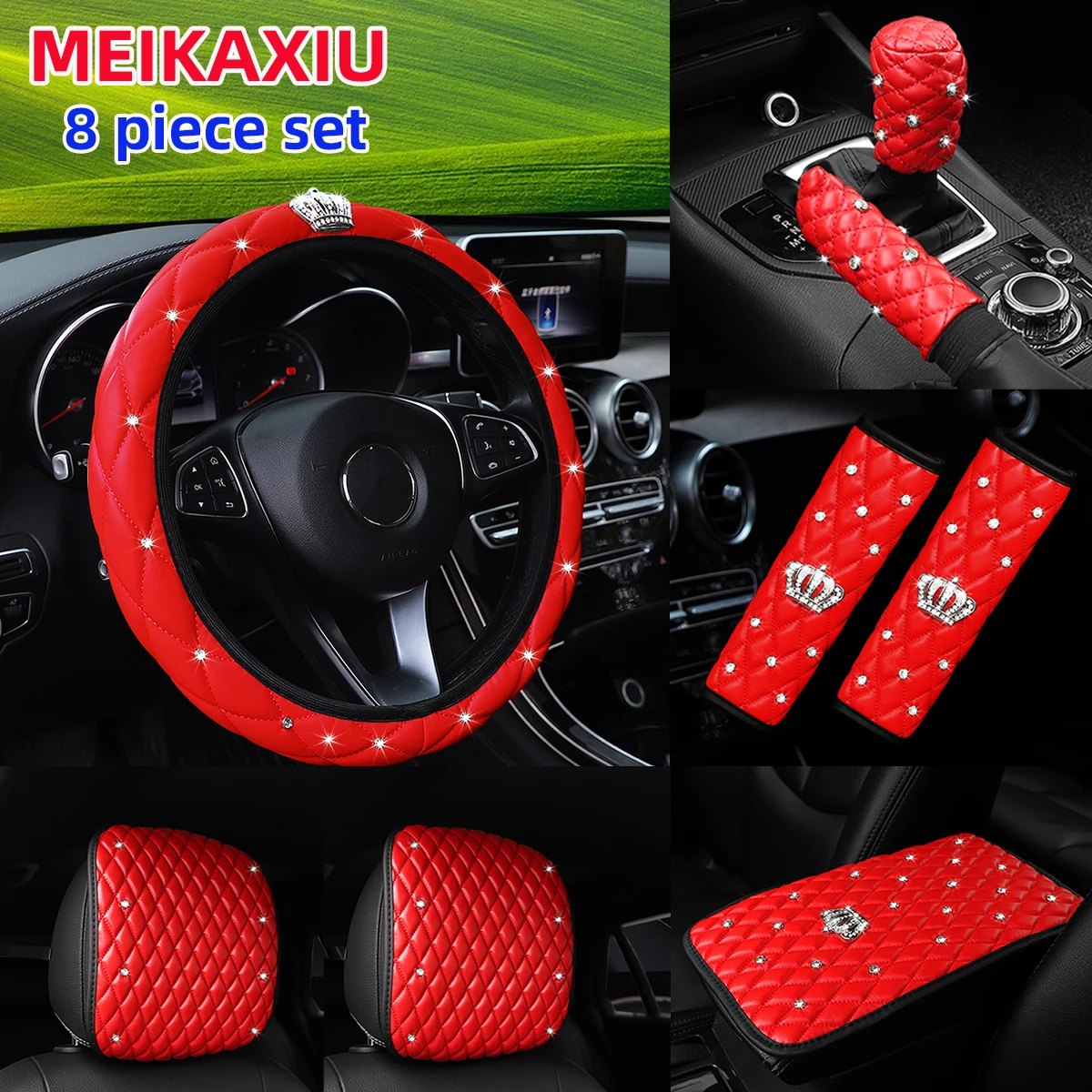 

8pcs Leather Car Accessory Set Diamond-Encrusted Crown Steering Wheel Cover Shoulder Guard Gear Shift Knob Armrest Headrest Pads