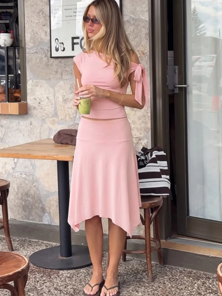 Mozision Women 2 Piece Outfits Off Shoulder Tie Side Crop Top Midi Skirt Solid Slim Bodycon Matching Set Summer Party Co Ord Set image 4