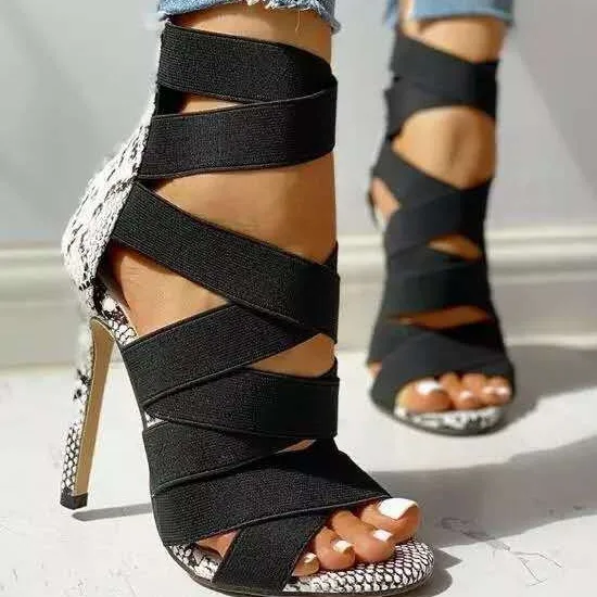 Roman Sandals For Women Summer New Sexy Cross Strap Snake Pattern Large Size Thin Heel Back Zipper High Heels Islam Elegant