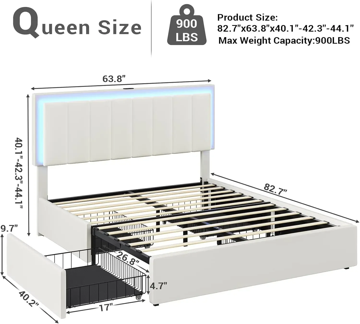 クイーンサイズのベッドフレーム,4つの収納引き出し,LEDライトプラットフォーム,充電ステーション