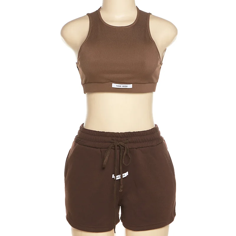 Sporty Solid Letter Two Piece Set Women Ribbed Skinny Tank Tops+ Loose Casual Bandage Shorts Matching Female Tracksuit