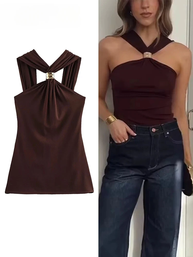 

TRAF New Halter Tops Fashion Metal Decoration Crop Top Woman 2025 Sleeveless Hanging Collar Short Tops For Women Sexy Party Top