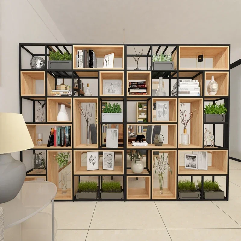 Simple floor partition, multi-layer storage and display rack, living room, steel and wood combination bookshelf