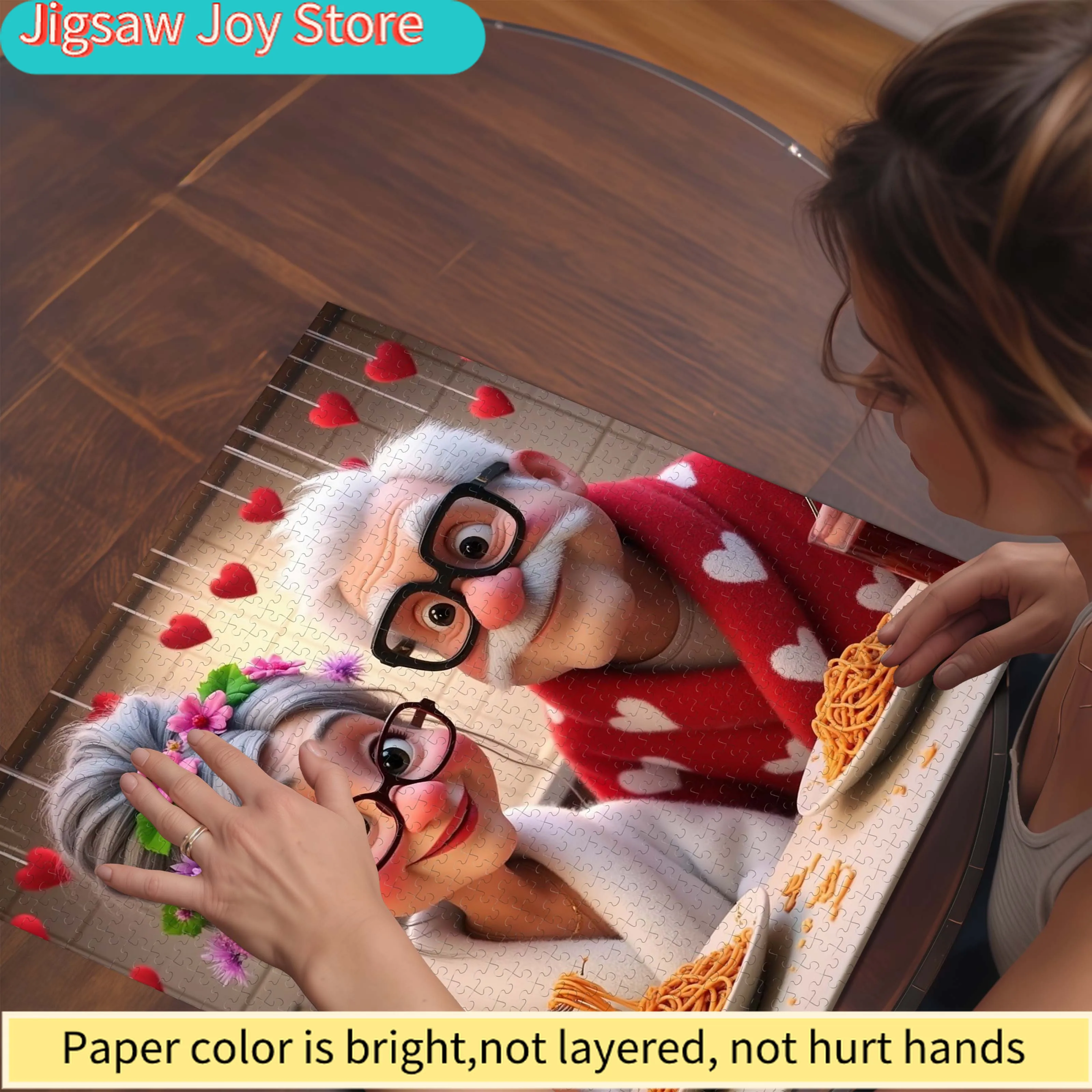 A Box of 500/1000pcs Jigsaw Puzzles Featuring a Sweet Dining Scene of an Elderly Couple in a Cartoon Style. The Grandfather Is