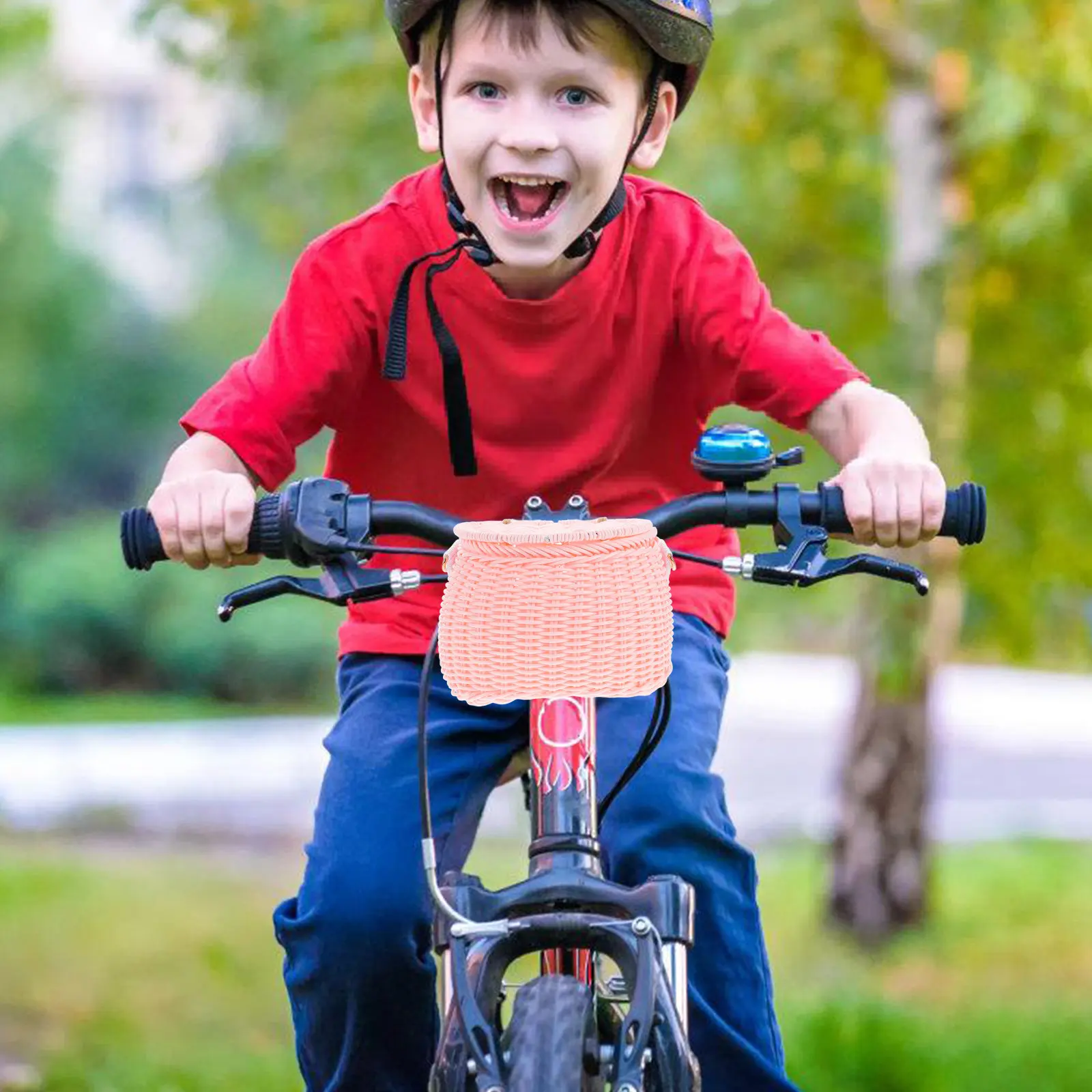 

Kids Bike Basket Pink Wicker Front Handlebar Scooter Basket with Lid Removable Backpack Large Storage Kids Bicycle Accessories