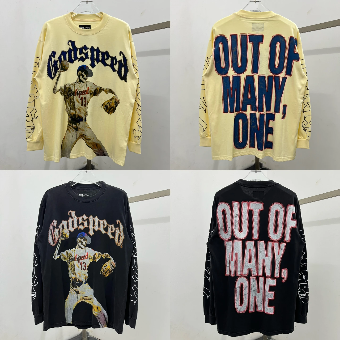 Camiseta Godspeed American Street Sle de Manga Larga, Algodón, Estilo Redondo, Estampado de Jugador de Béisbol Número 3 con Diseño de Calavera