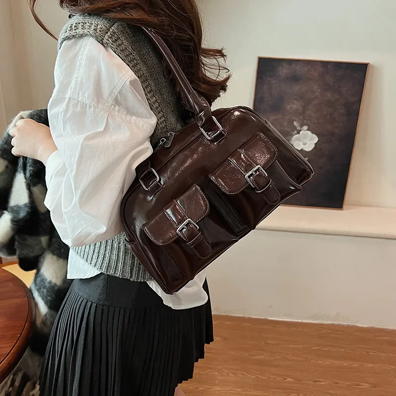 

Винтажная сумка Boston большой вместимости, женская сумка, пригородная сумка на плечо, зимняя новая стильная сумка из мягкого полиэфирного волокна