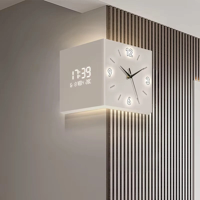 Simple and Stylish Corner Double-sided Wall Clock with Silent Digital Display (Pointer Style) Suitable for Living Room