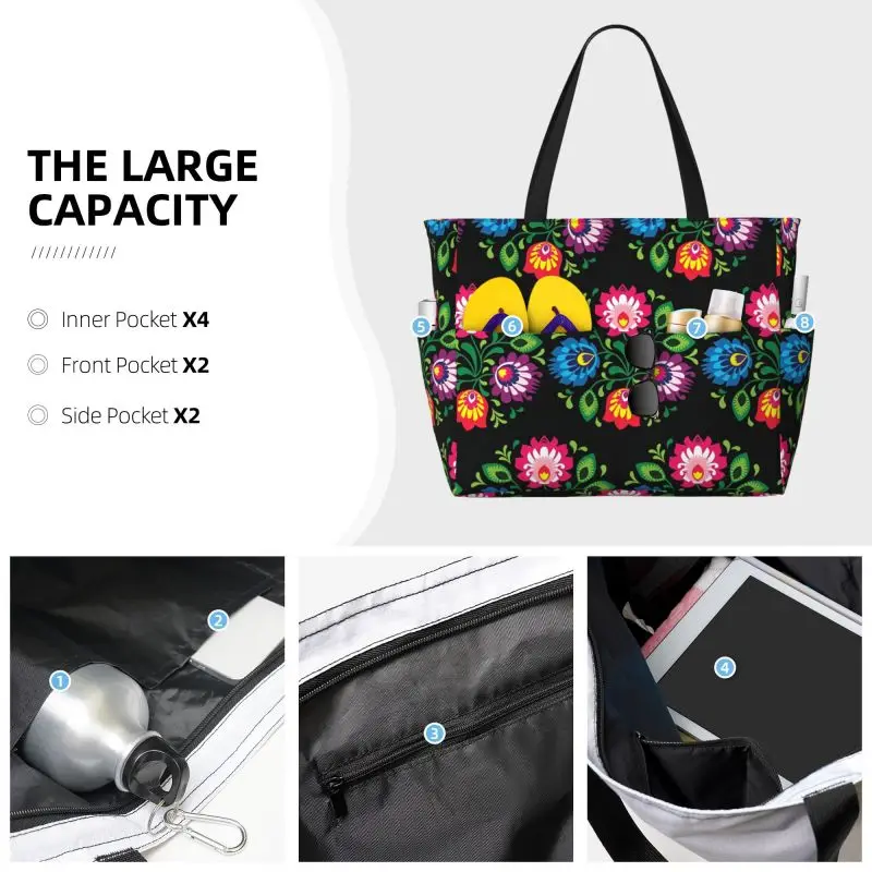 Poland Polish Floral Folk Art Flower Large Beach Tote Bag Women Waterproof Sandproof Zipper Beach Tote Bags for Pool Gym Travel